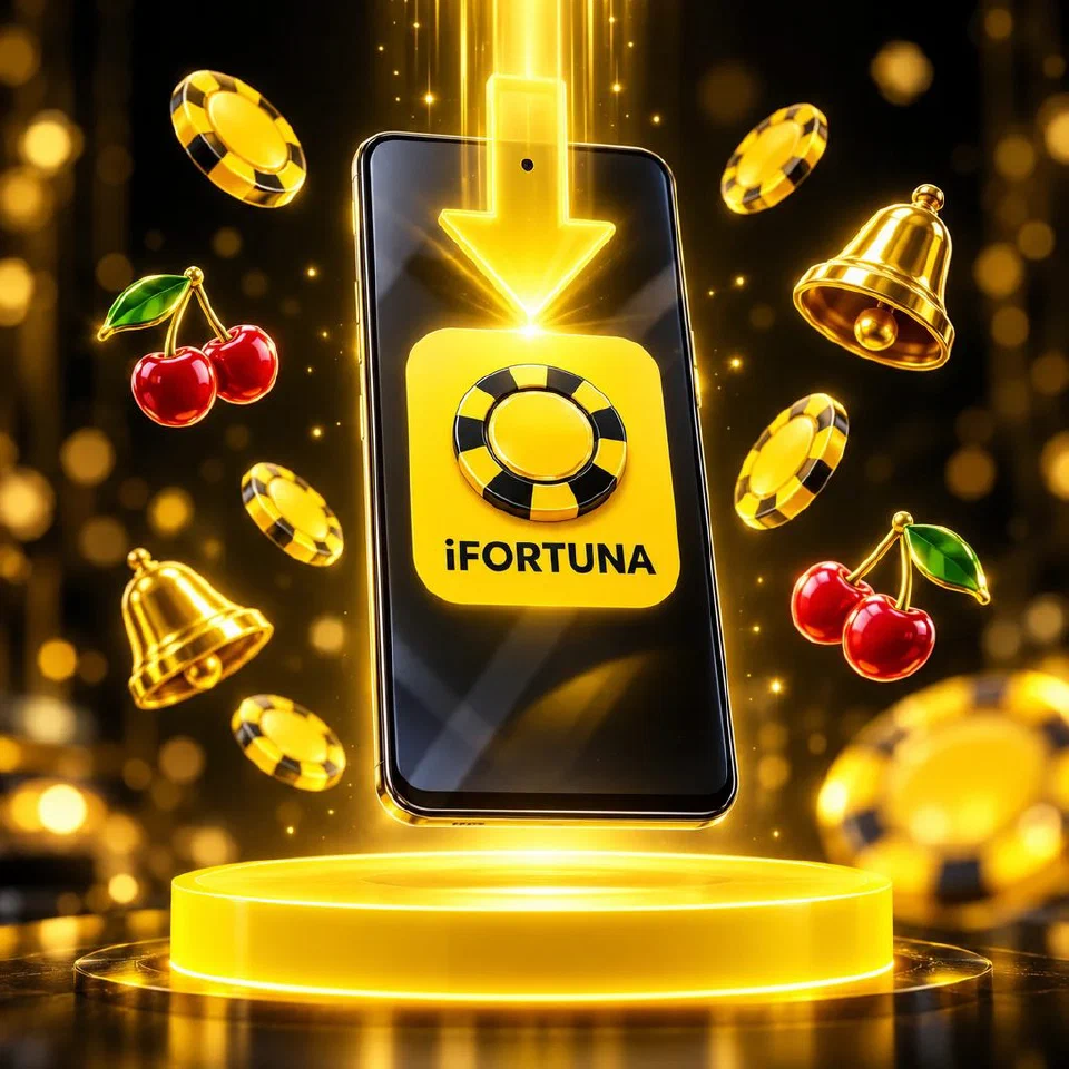 Phone with the iFortuna app icon on a glowing yellow podium surrounded by slot symbols
