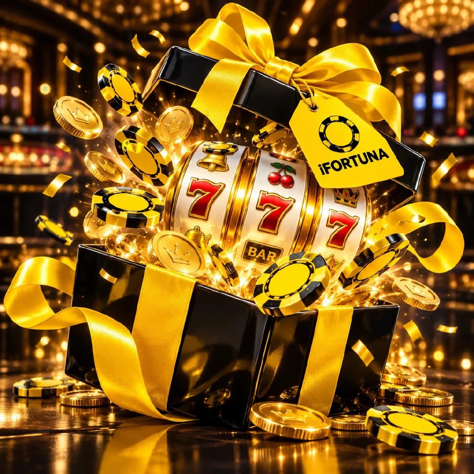 Black gift box with a yellow iFortuna tag bursting with coins, chips and slot reels