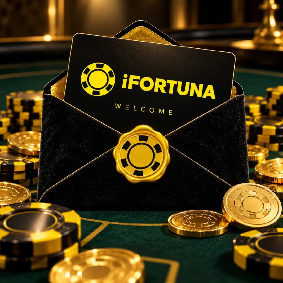 Open black envelope with an iFortuna welcome card, gold coins and chips on casino felt