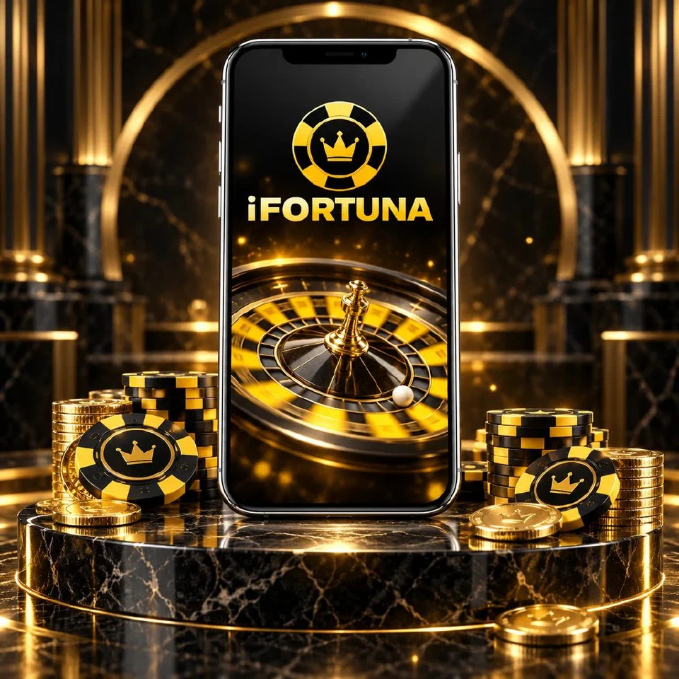 Silver phone on a marble pedestal showing a roulette wheel under the iFortuna logo