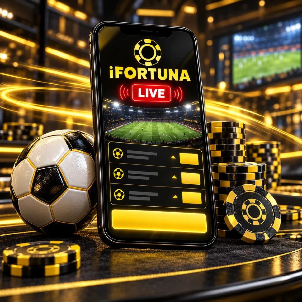 Phone showing an iFortuna live bet slip with a LIVE badge next to a football and chips