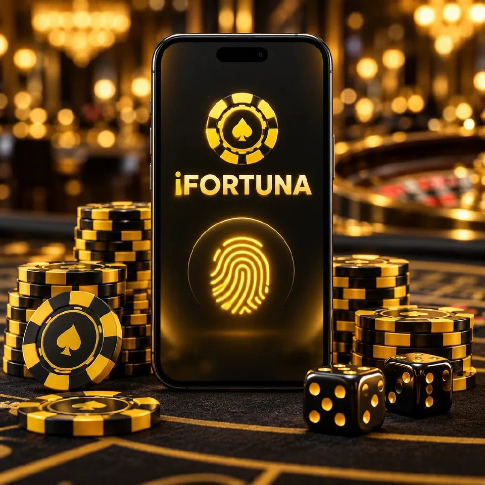 Smartphone showing the iFortuna sign-in screen with a glowing touch sign-in icon among casino chips and dice