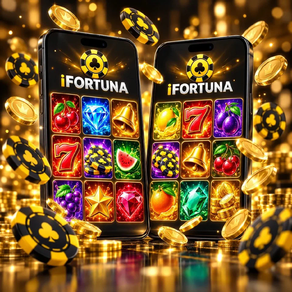 Two phones showing the iFortuna slots lobby with chips and coins flying out