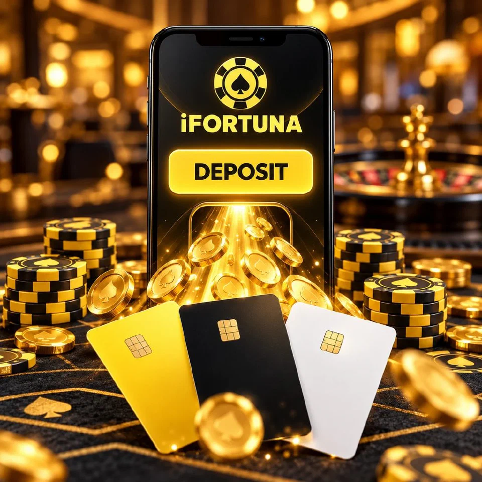 Phone showing the iFortuna cashier with a DEPOSIT button, payment cards and coins