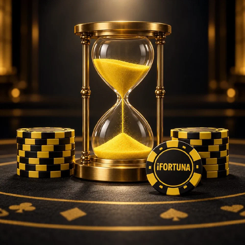 Brass hourglass with yellow sand between two equal stacks of iFortuna chips