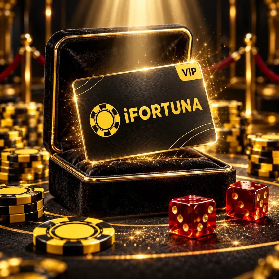 Black VIP card with the iFortuna logo rising from a velvet box beside chips and red dice
