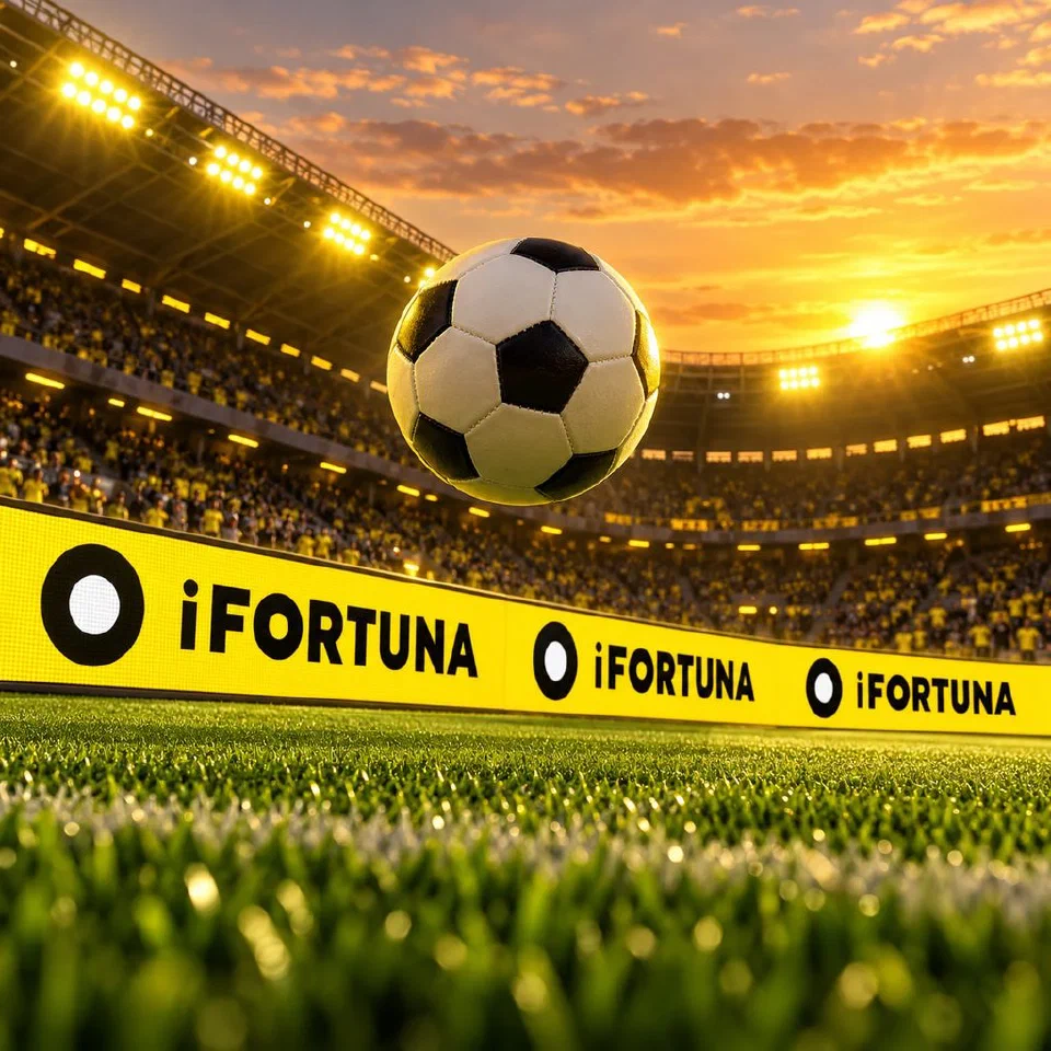 Football in mid-air above a stadium pitch with yellow iFortuna boards