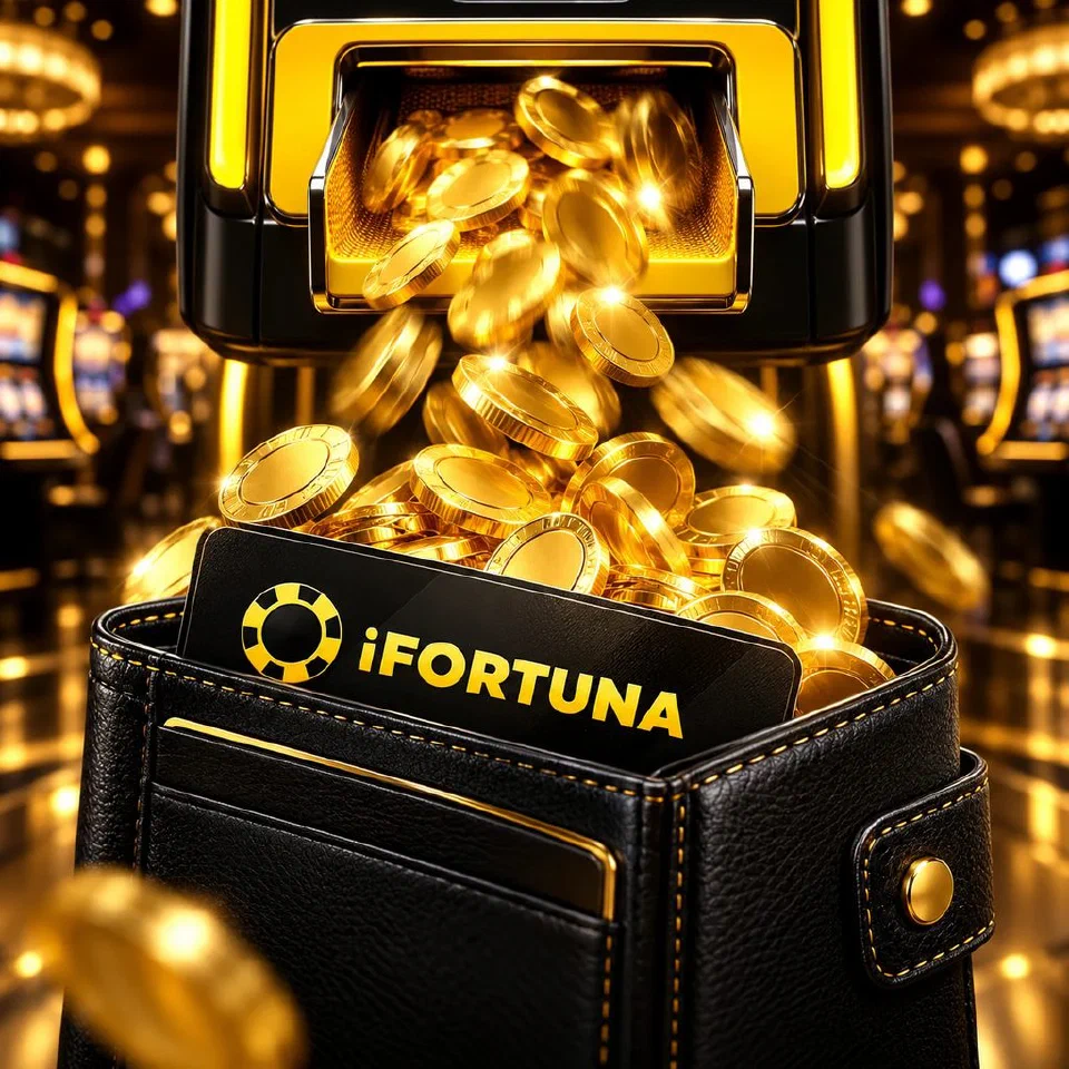Gold coins pouring from a slot machine chute into a wallet holding an iFortuna card