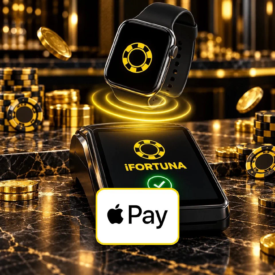 Smartwatch tapping a black terminal showing the iFortuna logo, Apple Pay logo plate