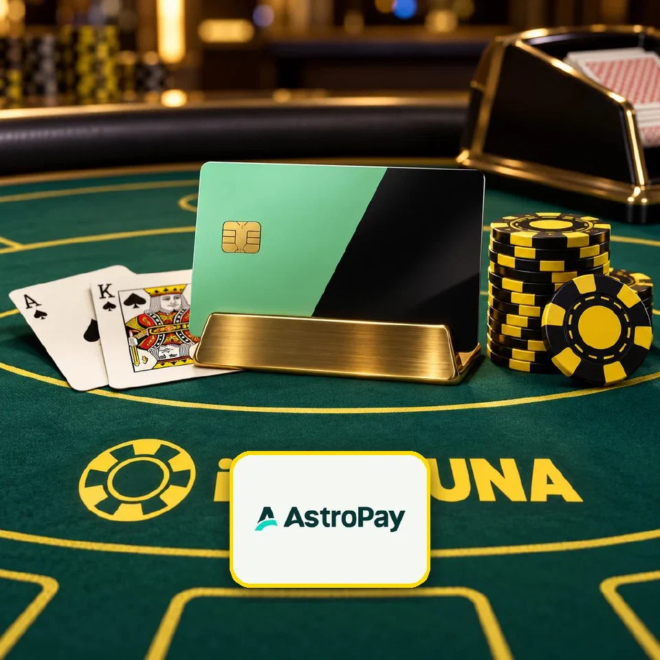 Mint and black prepaid card on a blackjack table printed with the iFortuna logo, AstroPay logo plate