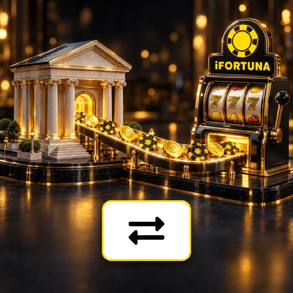 Miniature bank building linked by a coin conveyor to an iFortuna slot machine, bank transfer plate