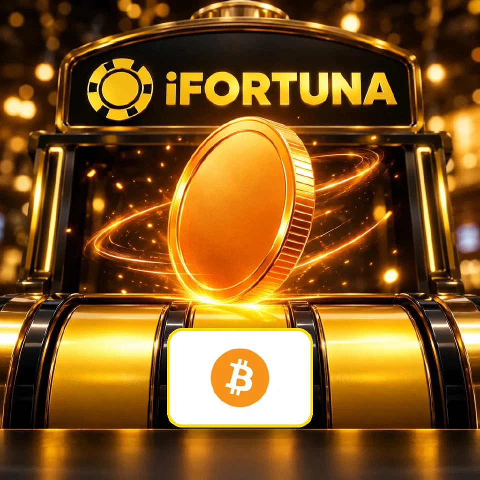 Orange coin spinning on top of iFortuna slot reels, Bitcoin logo plate