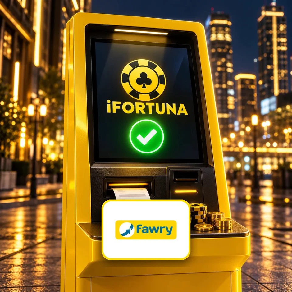 Yellow payment kiosk showing the iFortuna logo and a green check mark, with the Fawry logo plate