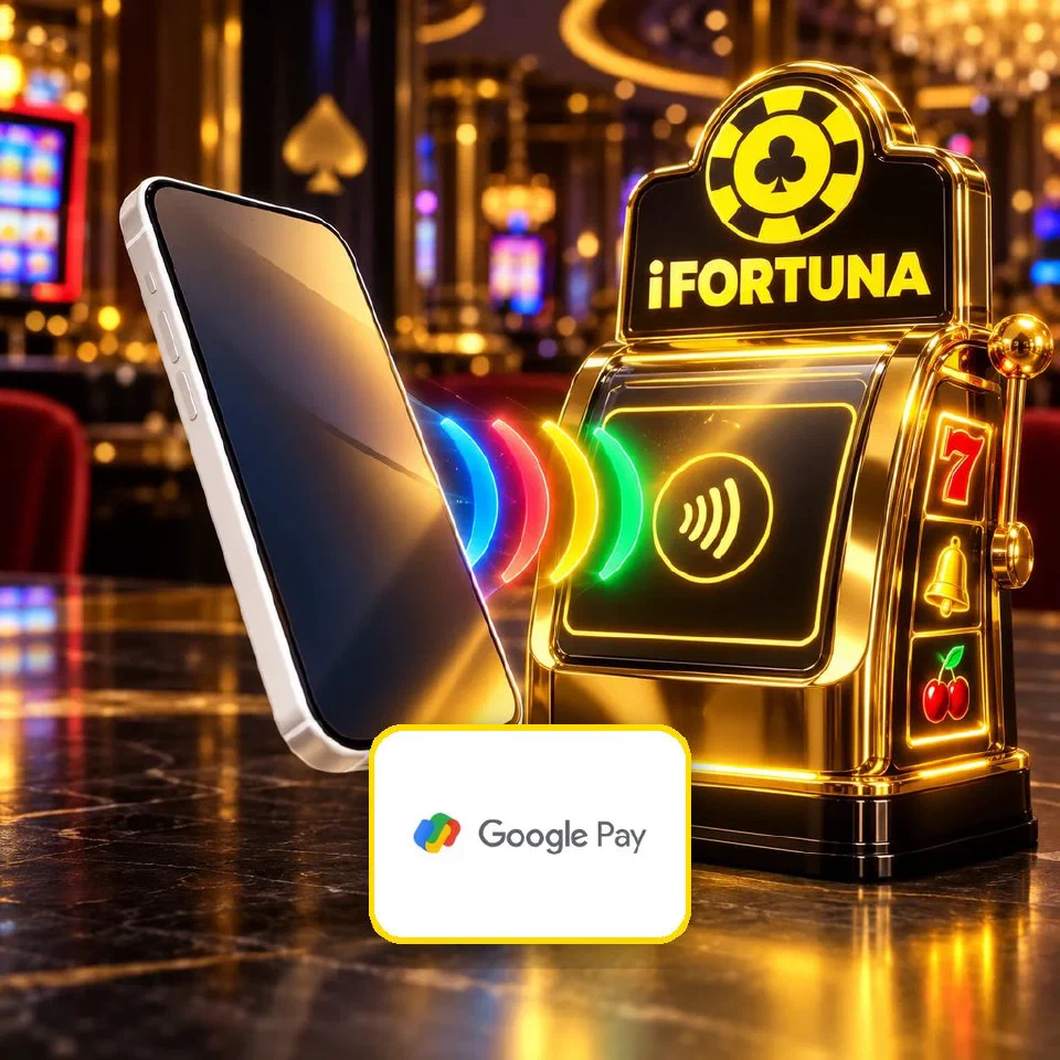 Phone sending colourful contactless waves to an iFortuna slot-shaped terminal, Google Pay logo plate