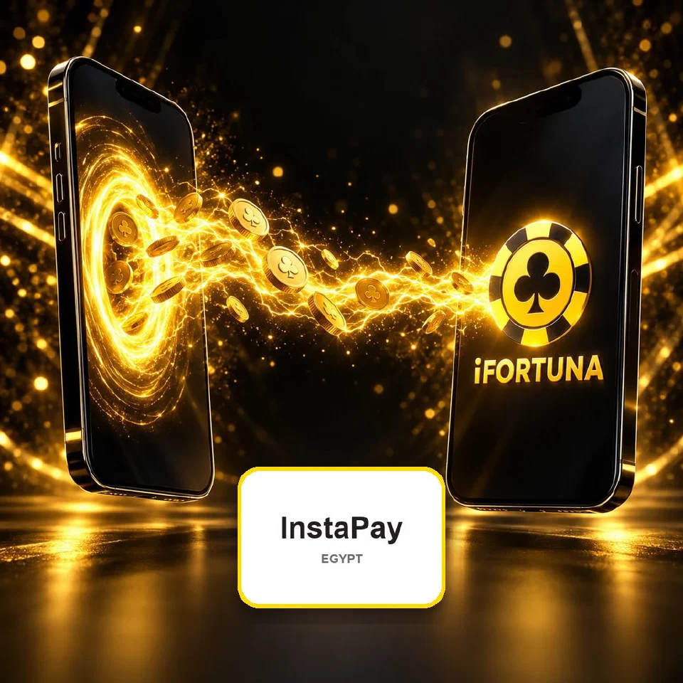 Two phones linked by a yellow lightning arc of coins, the receiving phone showing the iFortuna logo