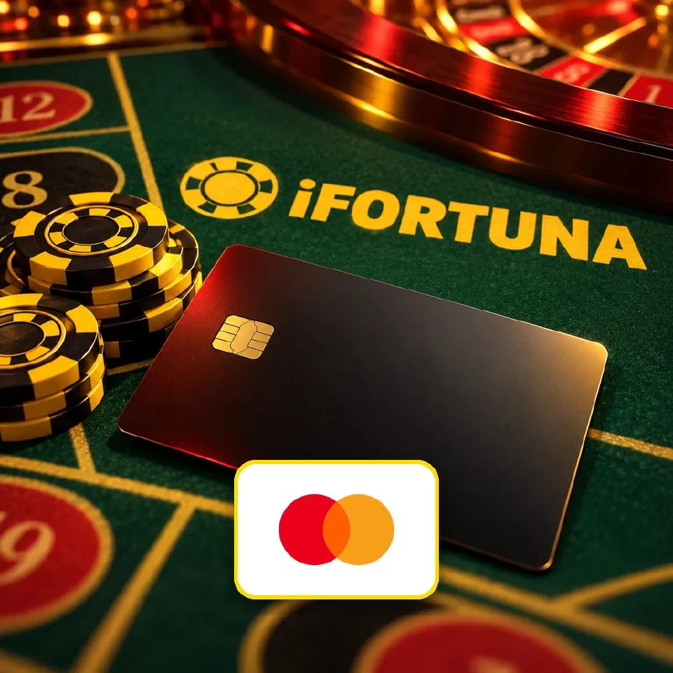 Black card on a roulette layout printed with the iFortuna logo, Mastercard logo plate