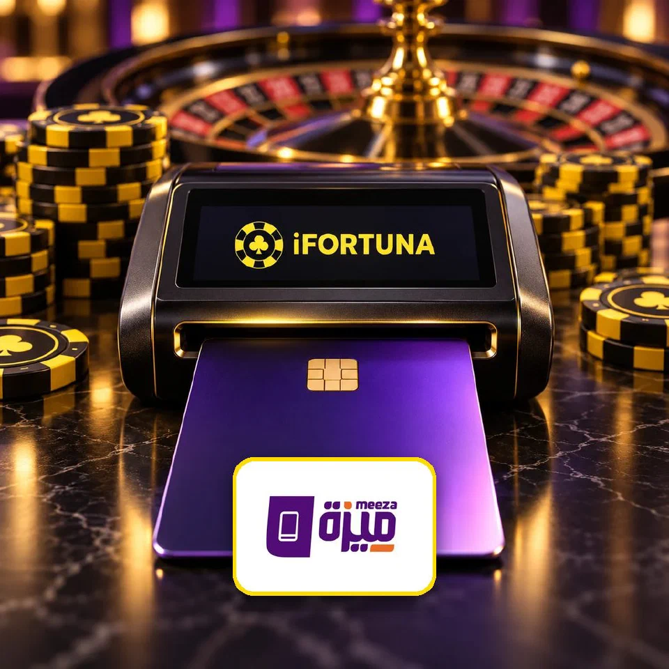 Violet bank card sliding into a reader with the iFortuna logo, Meeza logo plate in front