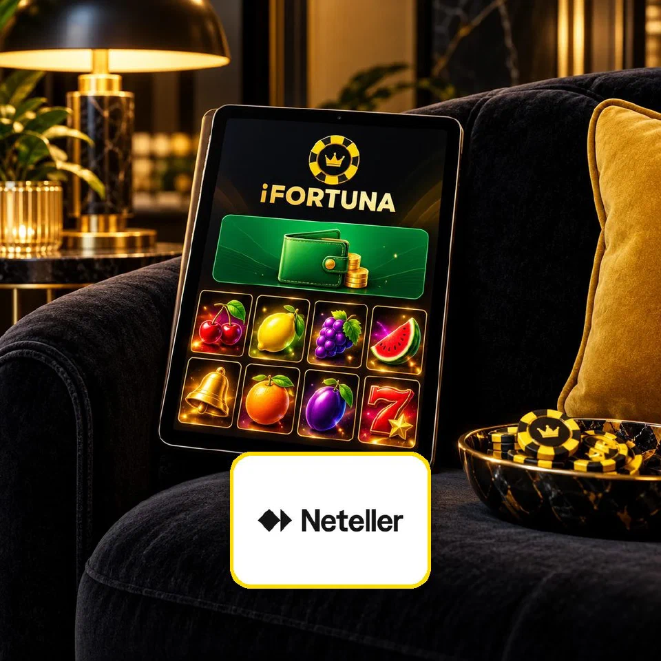 Tablet on a velvet sofa showing the iFortuna lobby with a wallet card, Neteller logo plate