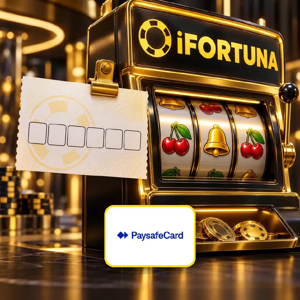Voucher with blank PIN boxes clipped to an iFortuna slot machine, Paysafecard logo plate