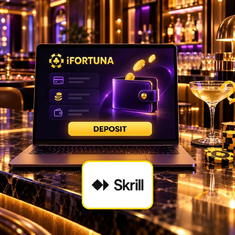 Laptop on a casino bar showing a wallet dashboard and the iFortuna logo, Skrill logo plate