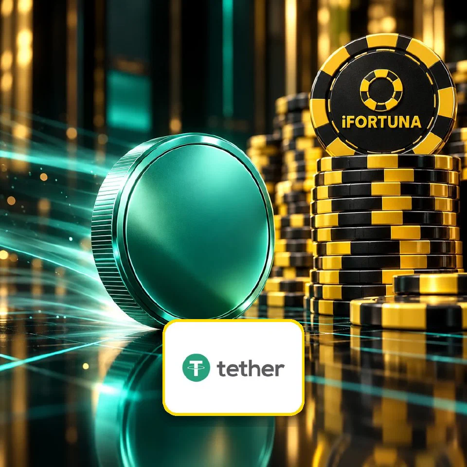 Teal coin rolling towards a tall stack of iFortuna chips, Tether logo plate