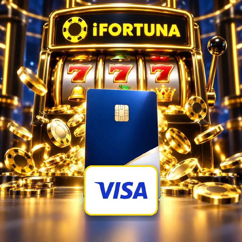 Blue and white card in front of an iFortuna slot machine with coins, Visa logo plate