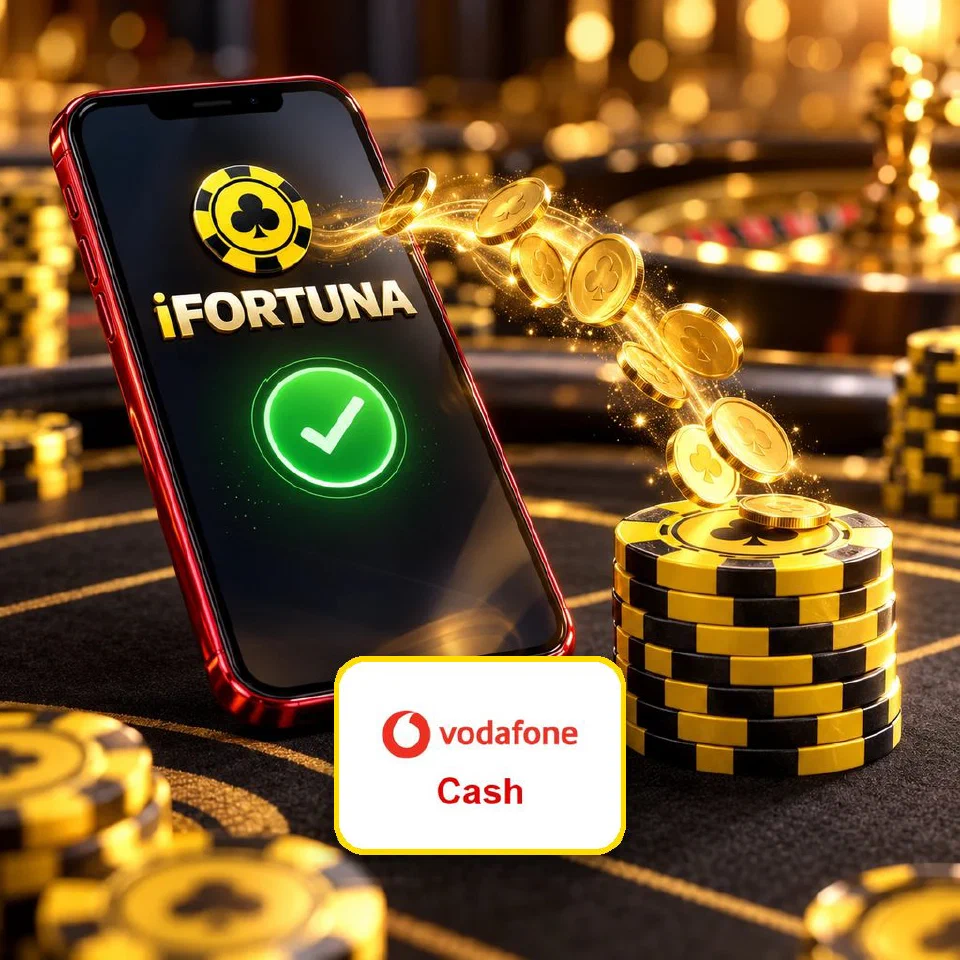 Phone in a red case showing an iFortuna top-up confirmation with the Vodafone Cash logo plate
