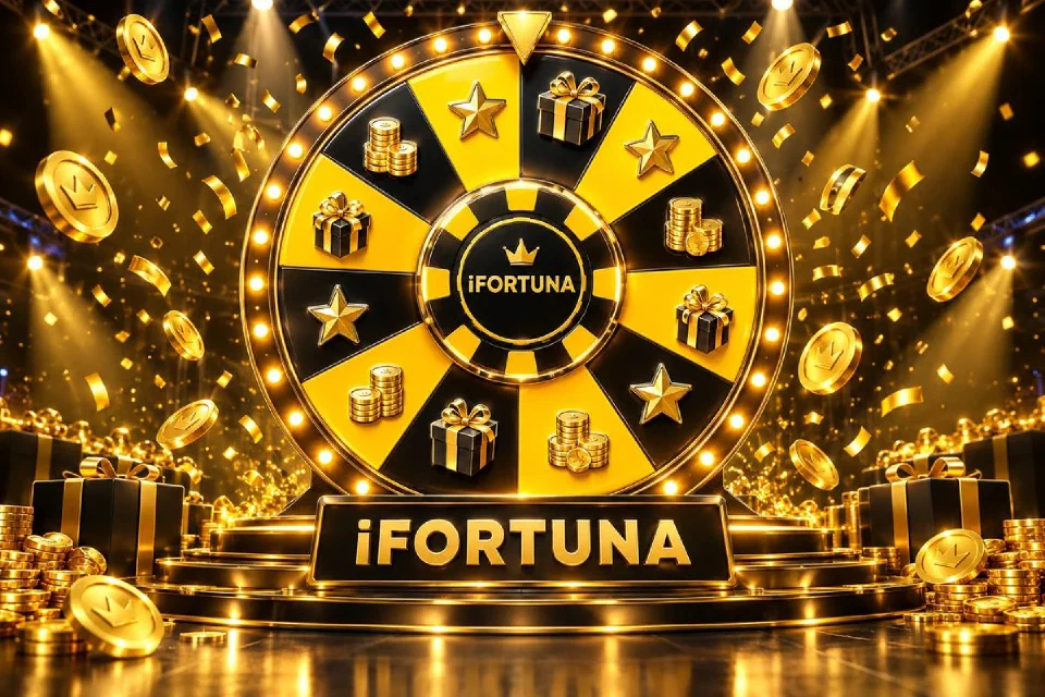 Giant yellow and black wheel of fortune with the iFortuna logo on a stage